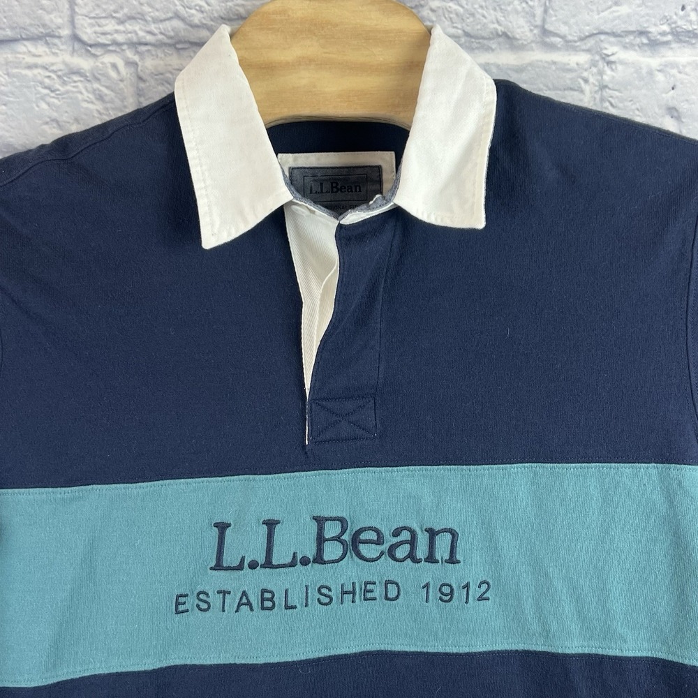 LL Bean Men Rugby Shirt Striped‎ Logo Spell Out Blue Green Collar Polo Sz Medium